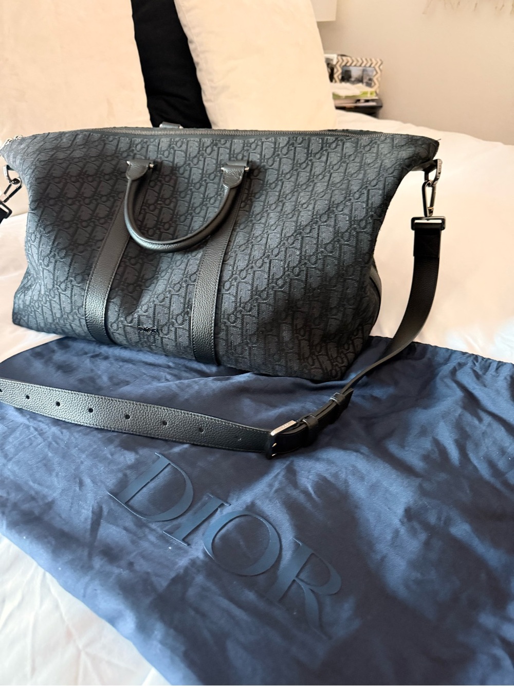 Dior Gray Monogram Canvas Duffel with Leather Trim